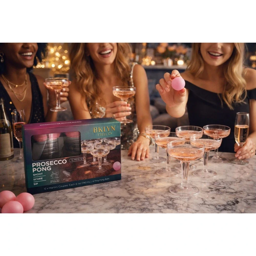 BKLYN Steel Co Prosecco Pong Set‎ 16pc Coupe Glass Party Game NEW
